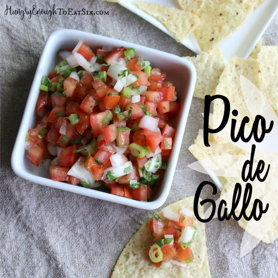 Fresh tomato salsa in a square white dish, next to tortilla chips. Text overlay.