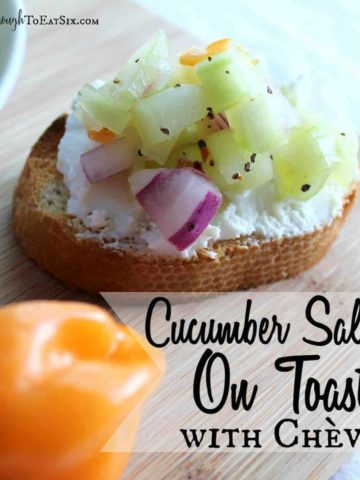 A refreshing salsa with cool cucumbers and habanero heat. It is served on sourdough slices with soft chevre cheese.