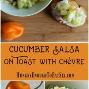 A refreshing salsa with cool cucumbers and habanero heat. It is served on sourdough slices with soft chevre cheese.