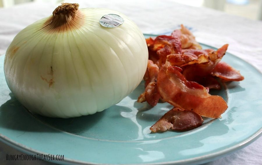 Image of bacon and a Vidalia onion on a plate.