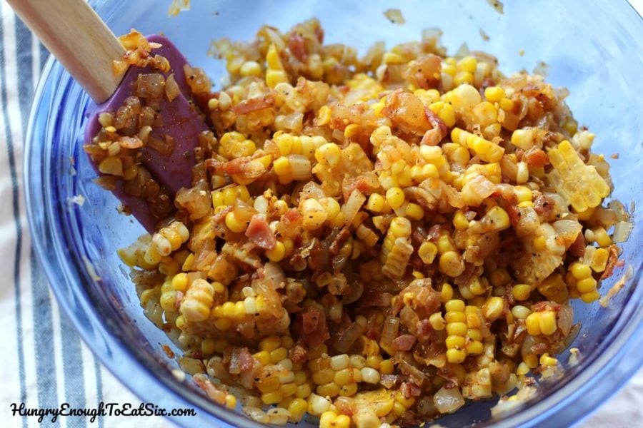 Image of Corn, Vidalia Onion and Bacon Salsa in a mixing bowl.