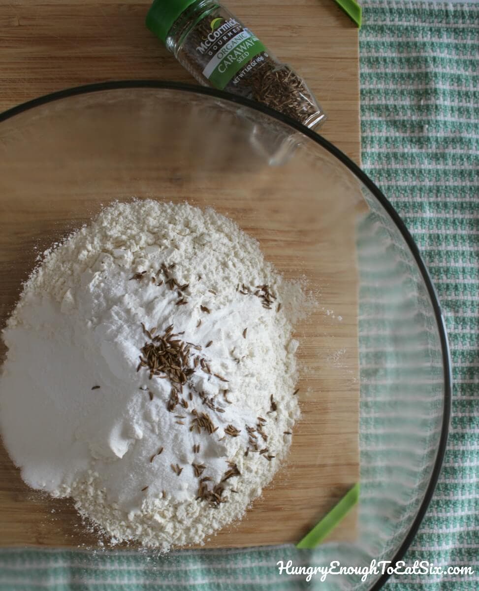 Image of bowl with dry ingredients for Irish Soda Bread recipe.