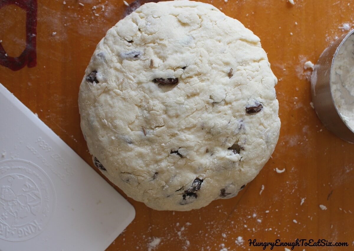 Image of shaped loaf of Aunt Lizzie's Irish Soda Bread on work surface ready to be baked.