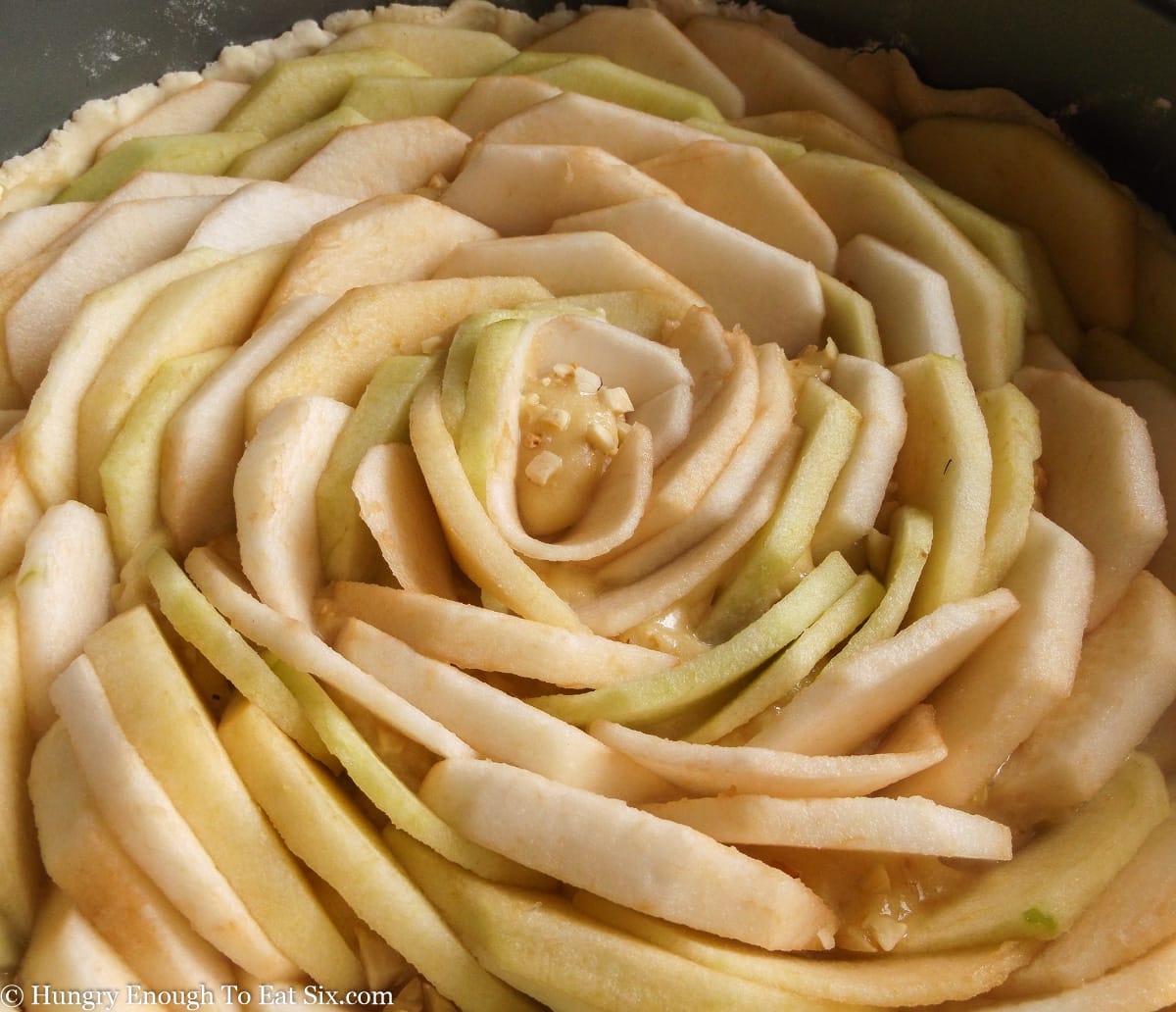 Raw tart with apple slices arranged in a spiral