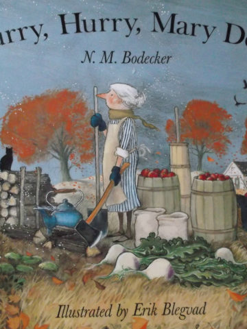 Childrens book cover illustration of an old woman on a fall day