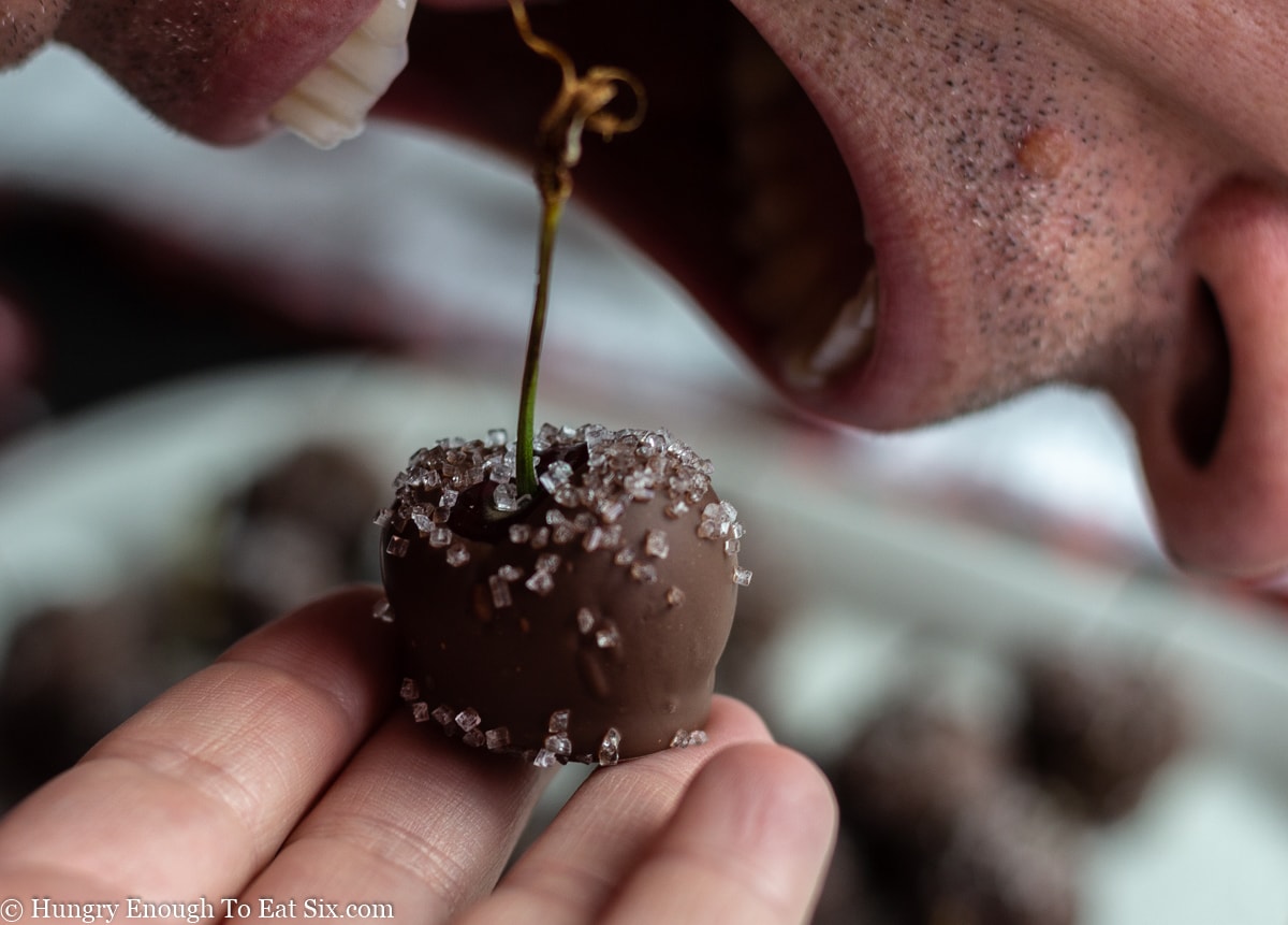 Mouth hovering over a chocolate covered cherry balanced in a hand.