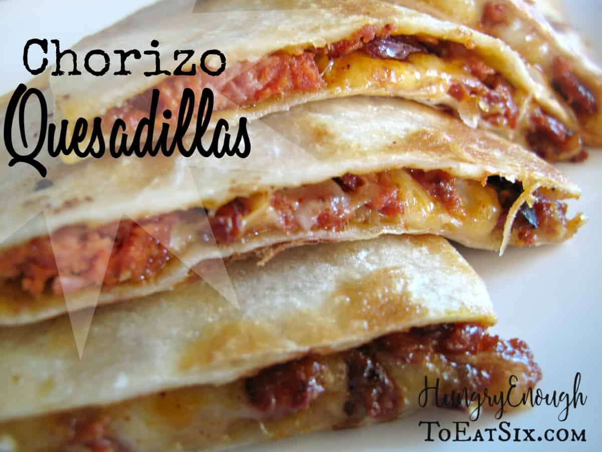 Chorizo and cheese filled quesadilla slices.
