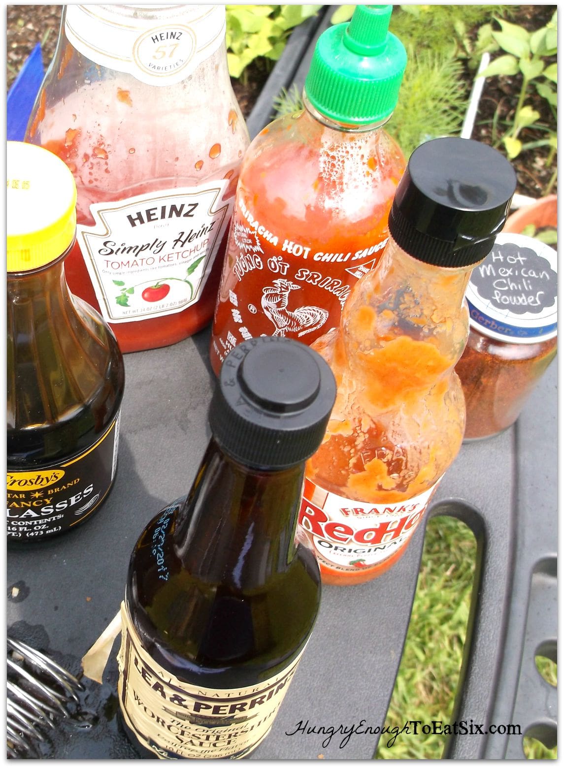Bottles of condiments and sauces