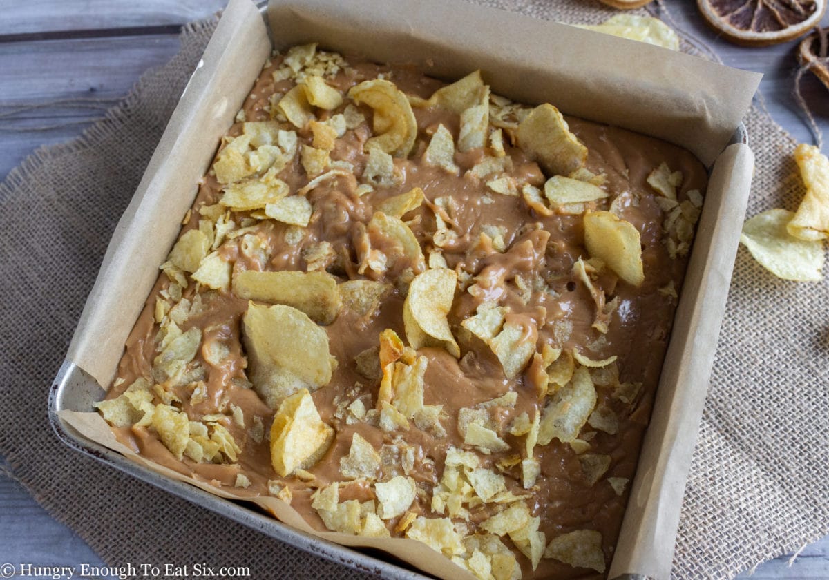 Square pan of fudge with potato chips