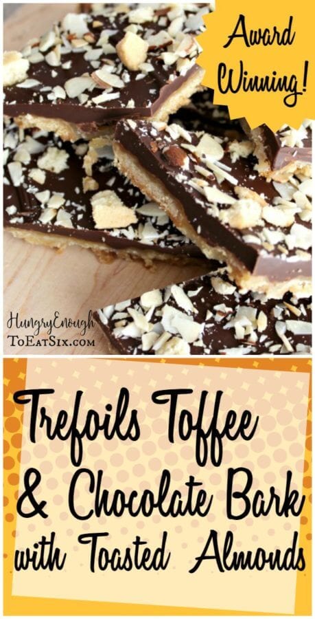 This Award-Winning Trefoils Toffee & Chocolate Bark with Toasted Almonds is a chewy, chocolatey candy with Girl Scouts Trefoils cookies. Easy to create & so delicious!