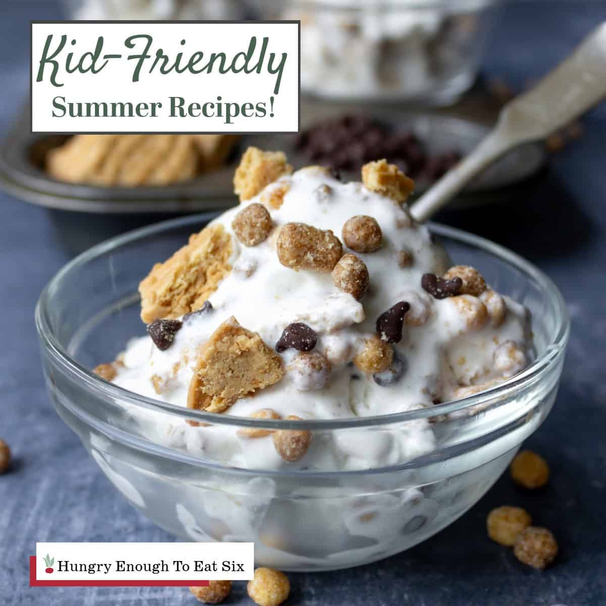 Bowl of peanut butter ice cream flurry, part of kid friendly summer recipes.