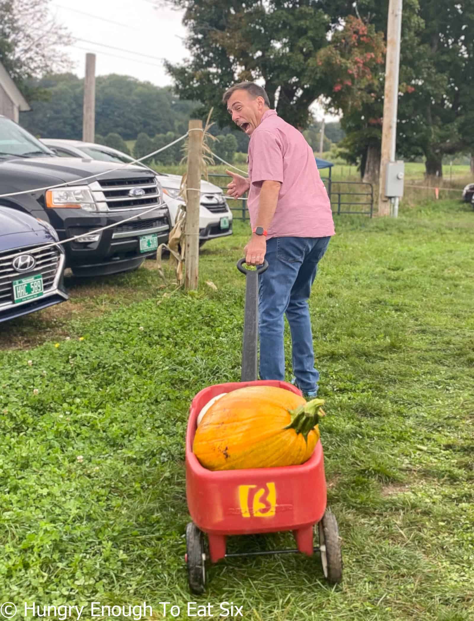Man pulling pumpkin in wagon at a Vermont apple cider donut spot.