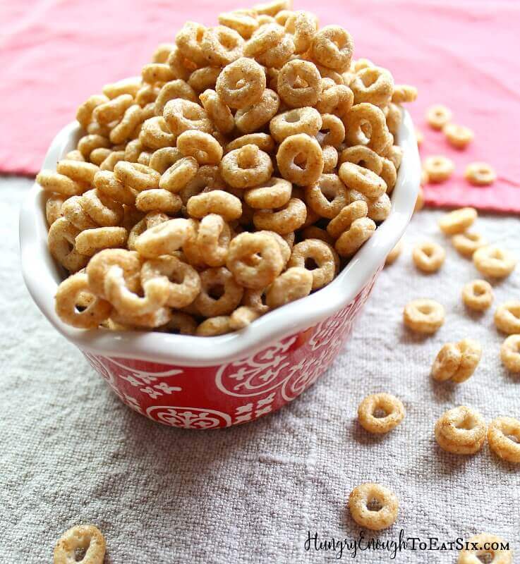 Red and white oblong dish filled with cheerios