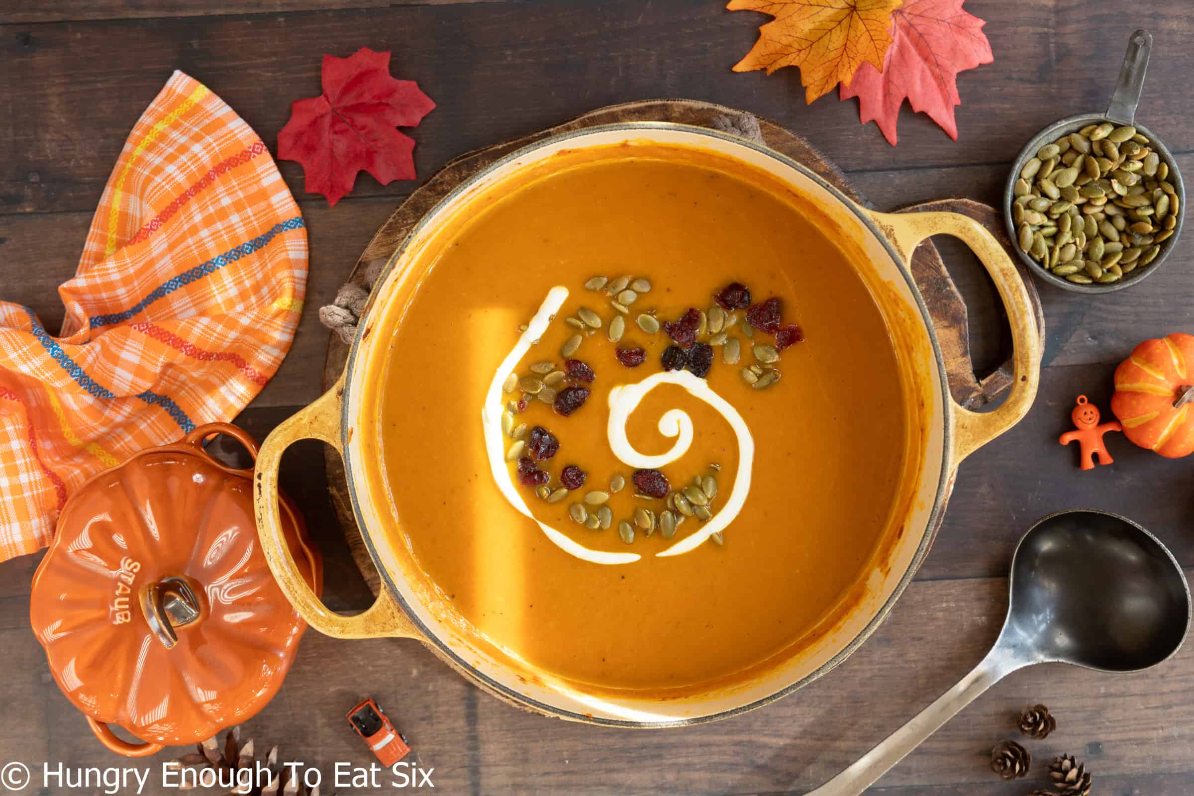 Large pot of spicy pumpkin soup.