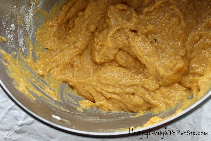 Mixing bowl with pumpkin bread batter.