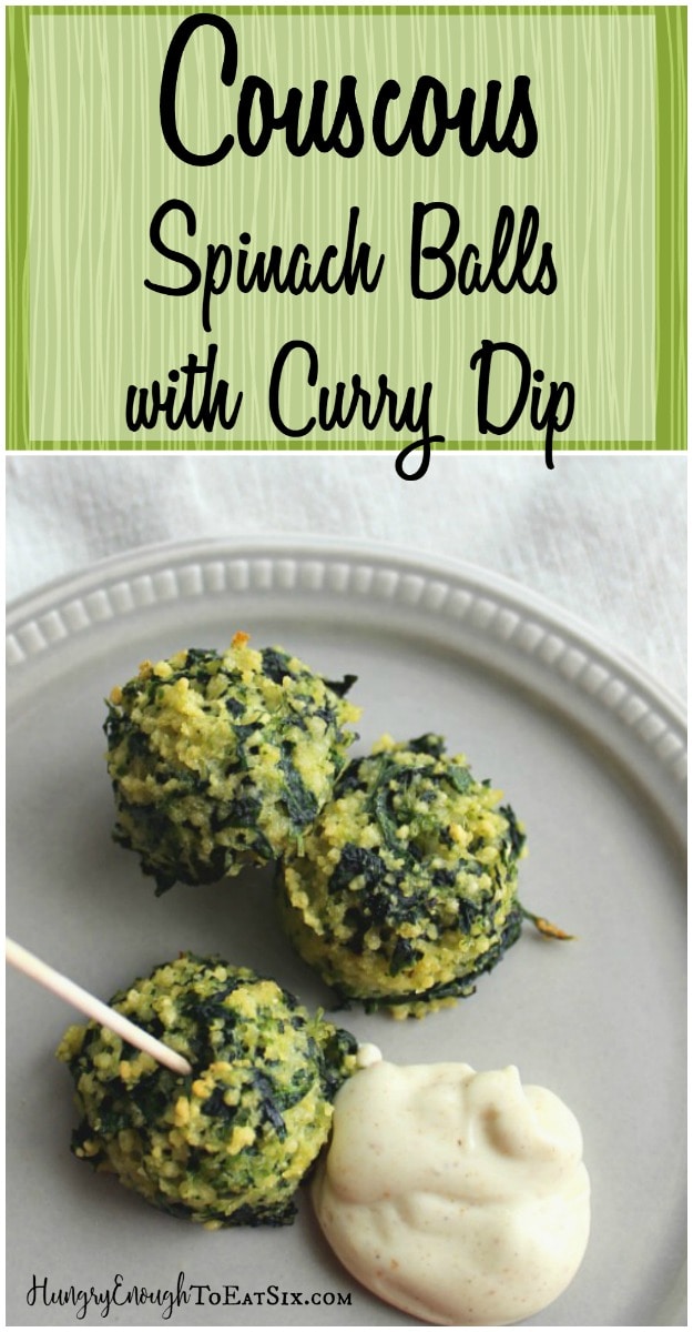 A savory bite-sized appetizer combined saffron-scented couscous with spinach, and a curried dip.