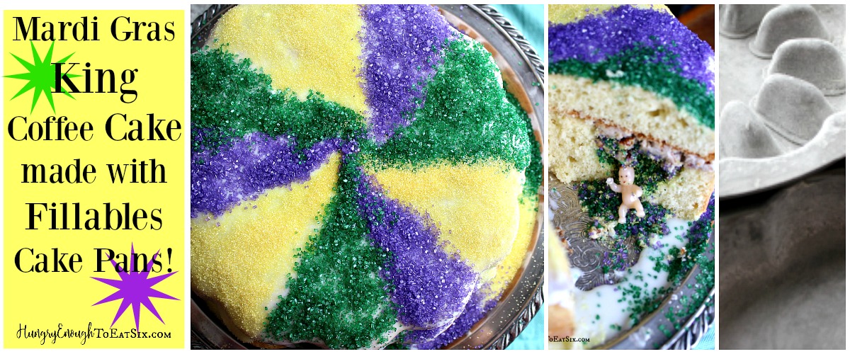 A King Cake for Mardi Gras, with flavors of nutmeg and a cinnamon-pecan streusel. And of course a baby hidden inside one of the Fillables Cake Pan pockets!
