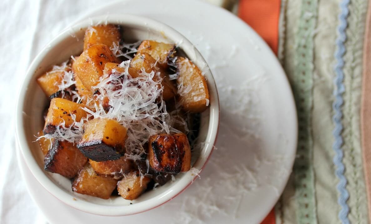 The humble rutabaga is transformed into savory, tantalizing crispy home fries, with a sprinkle of savory cheese. 