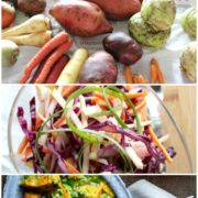 Collage of root vegetable dishes and whole veggies