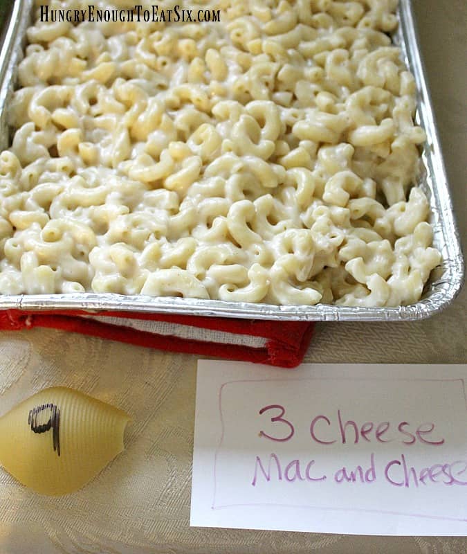 Foil pan with baked mac and cheese.