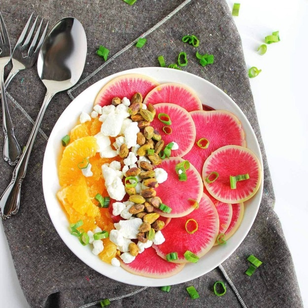 http://www.rhubarbarians.com/watermelon-radish-orange-salad-with-goat-cheese-and-pistachios/