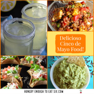 Collage of margaritas, dips and main dishes for Cinco de Mayo.