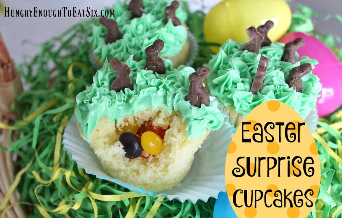Green frosted cupcakes with center of jelly beans, Easter Surprise Cupcakes.