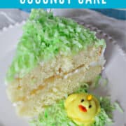 Yellow buttercream chick next to slice of layer cake.