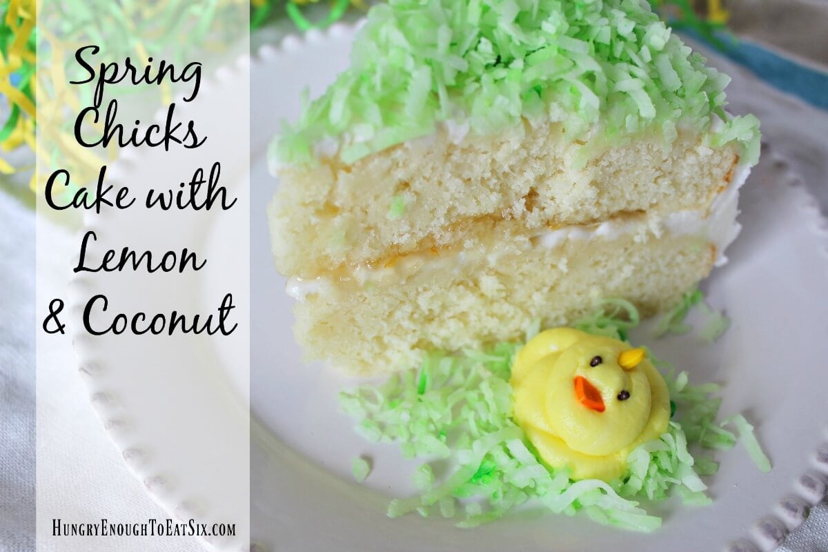 Think Spring and eat it too! This cake is full of bright lemon flavor, buttercream, and happy spring chicks on coconut grass,