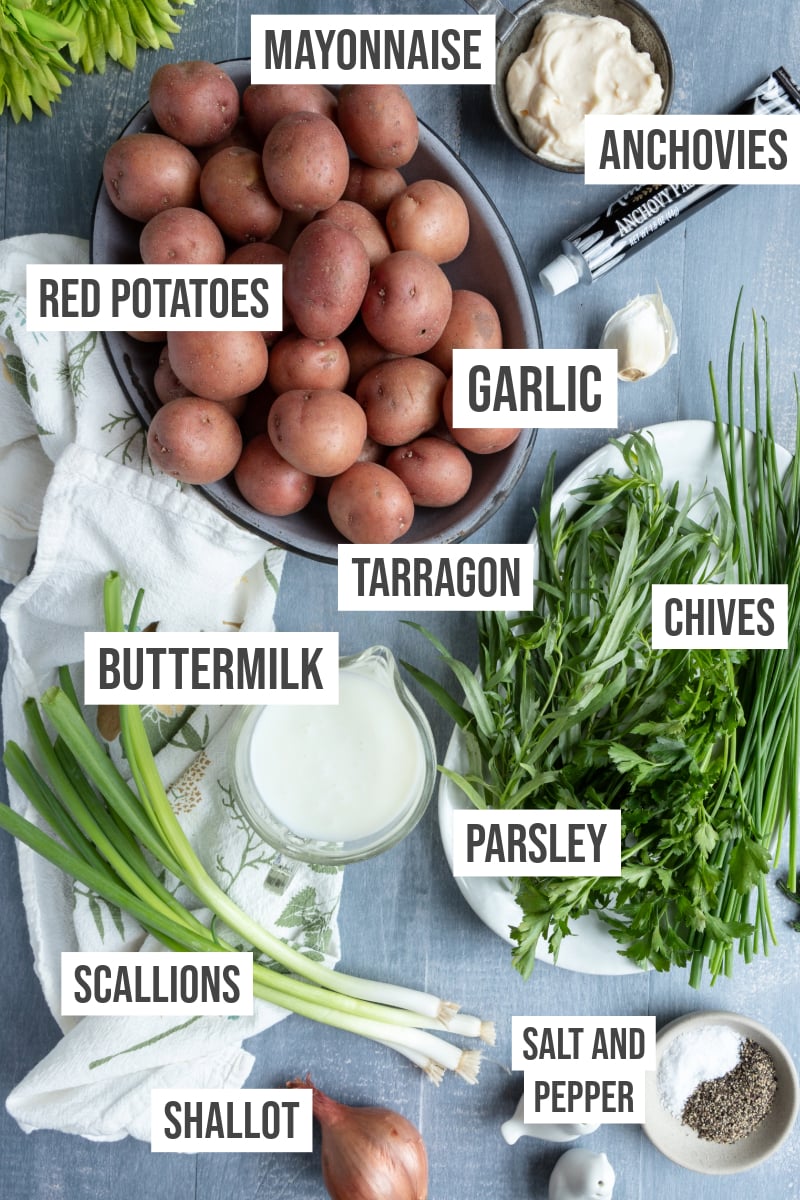 Ingredients: red potatoes, scallions, herbs, buttermilk, garlic clove, and anchovy paste.