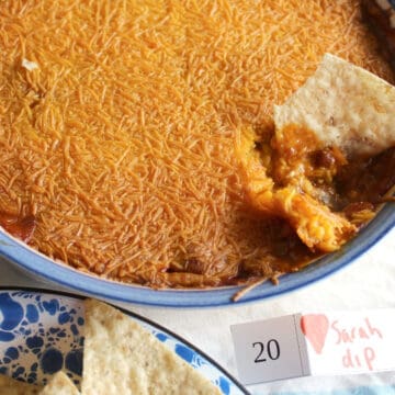 Chili cheese dip with tortilla chips.
