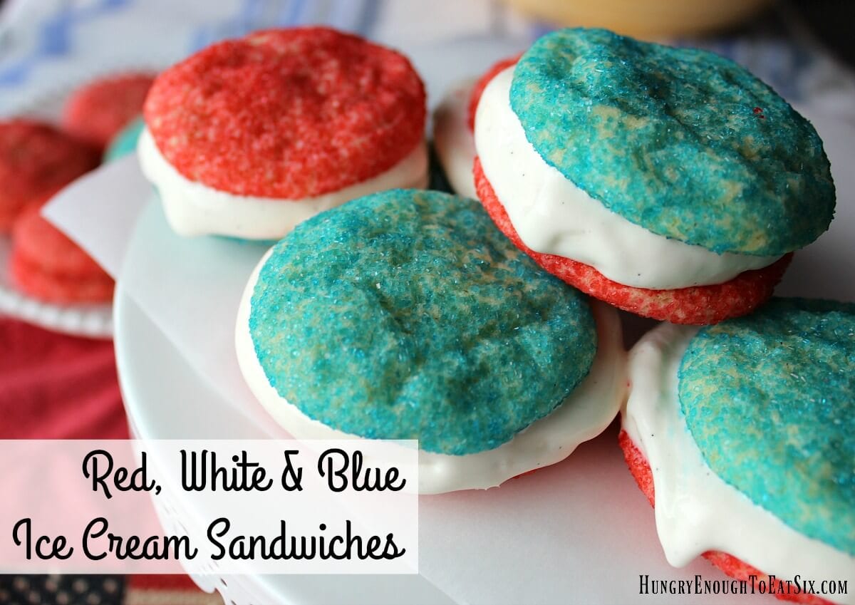 Ice cream sandwiches with red and blue sugar cookies and lemon vanilla ice cream.