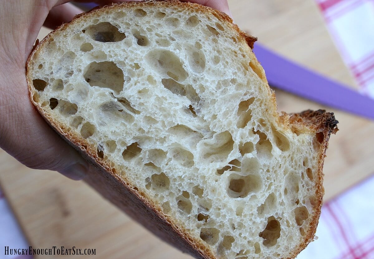 Inside of a cut loaf of artisan white bread, with an open, holey texture.