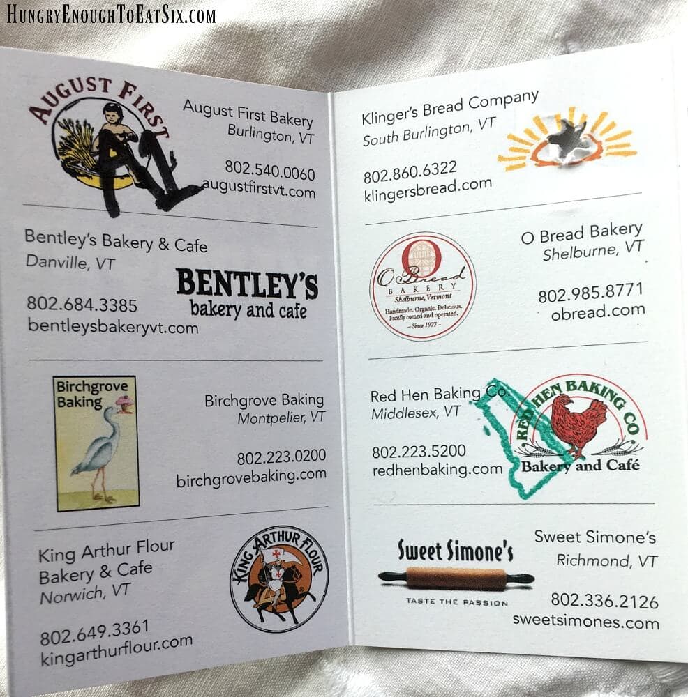 Small card with bakeries listed inside, eight bakeries located in Vermont. 