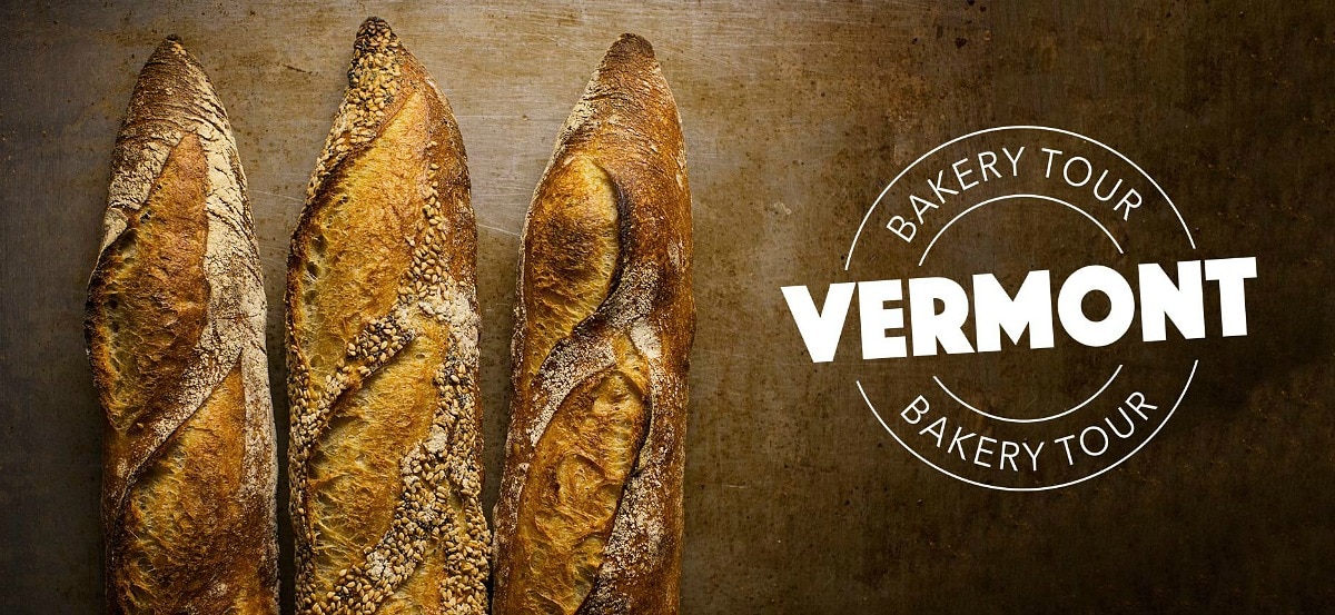 Vermont Bakery Tour logo with baguette loaves from King Arthur Flour.