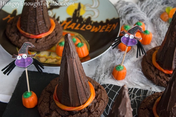 Halloween decorated plate with candies and chocolate ice cream cones.