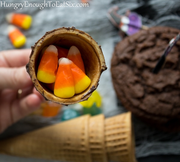 Candy corn inside an ice cream cone