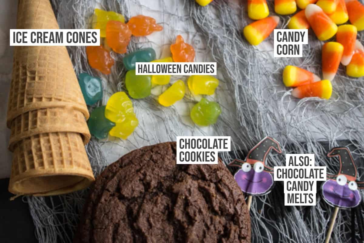 Ingredients: ice cream cones, chocolate cookies, and candies.