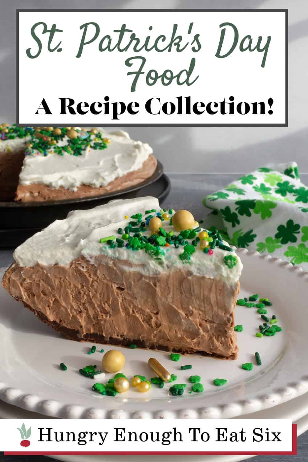 Slice of creamy chocolate pie with cream topping.