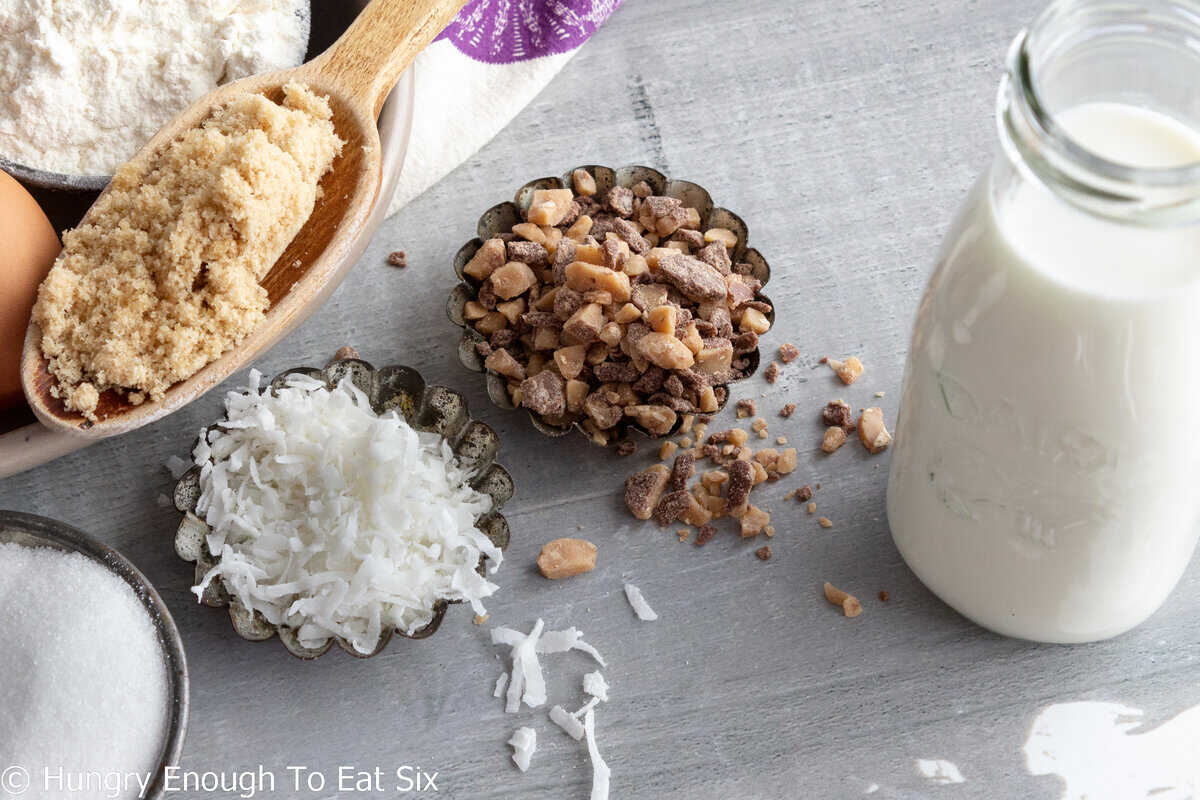 Shredded coconut, toffee bits, brown sugar, and milk.