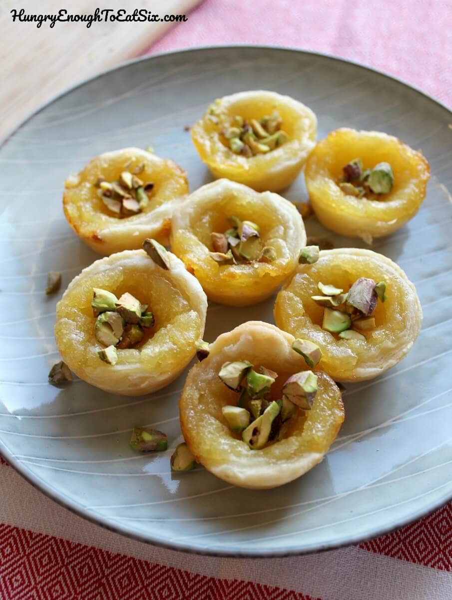 The pastry cups are full of bright, citrusy lemon curd and topped with salty pistachios! 