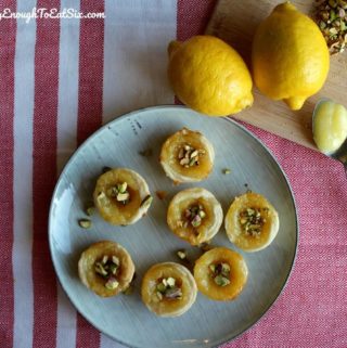 The pastry cups are full of bright, citrusy lemon curd and topped with salty pistachios!