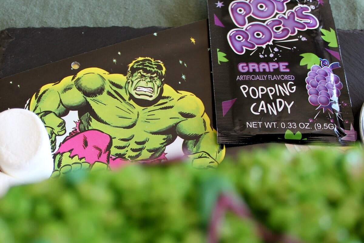Comic image of The Hulk next to package of grape Pop Rocks