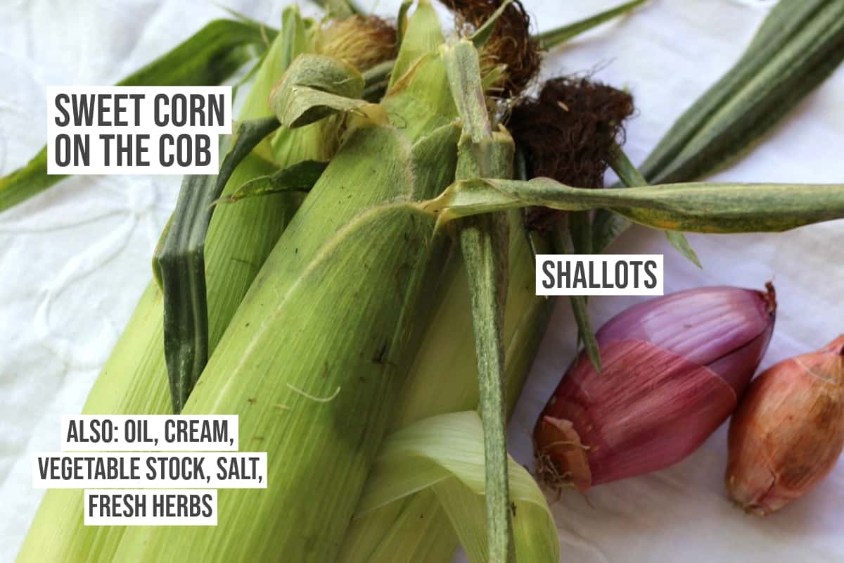 Ears of corn and whole shallots.