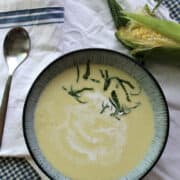Bowl of yellow corn soup.