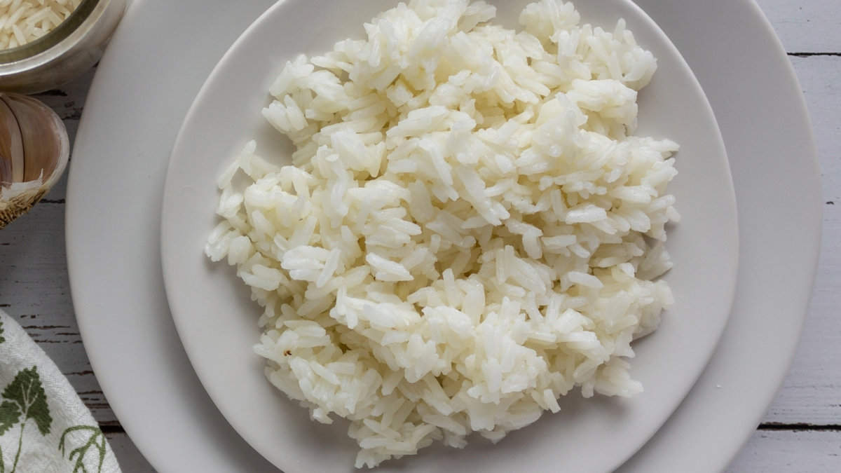 White plate with white rice.