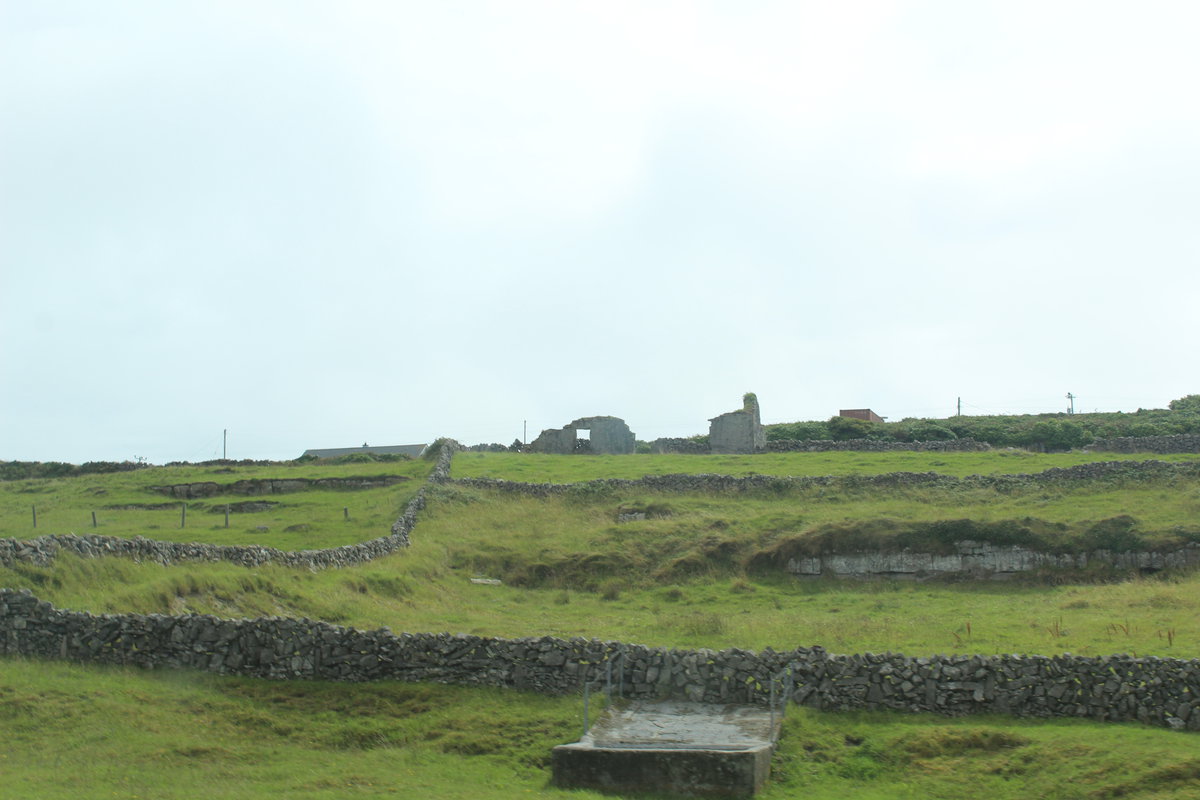 Grassy plains with old rock walls and remains of stone buildings. 