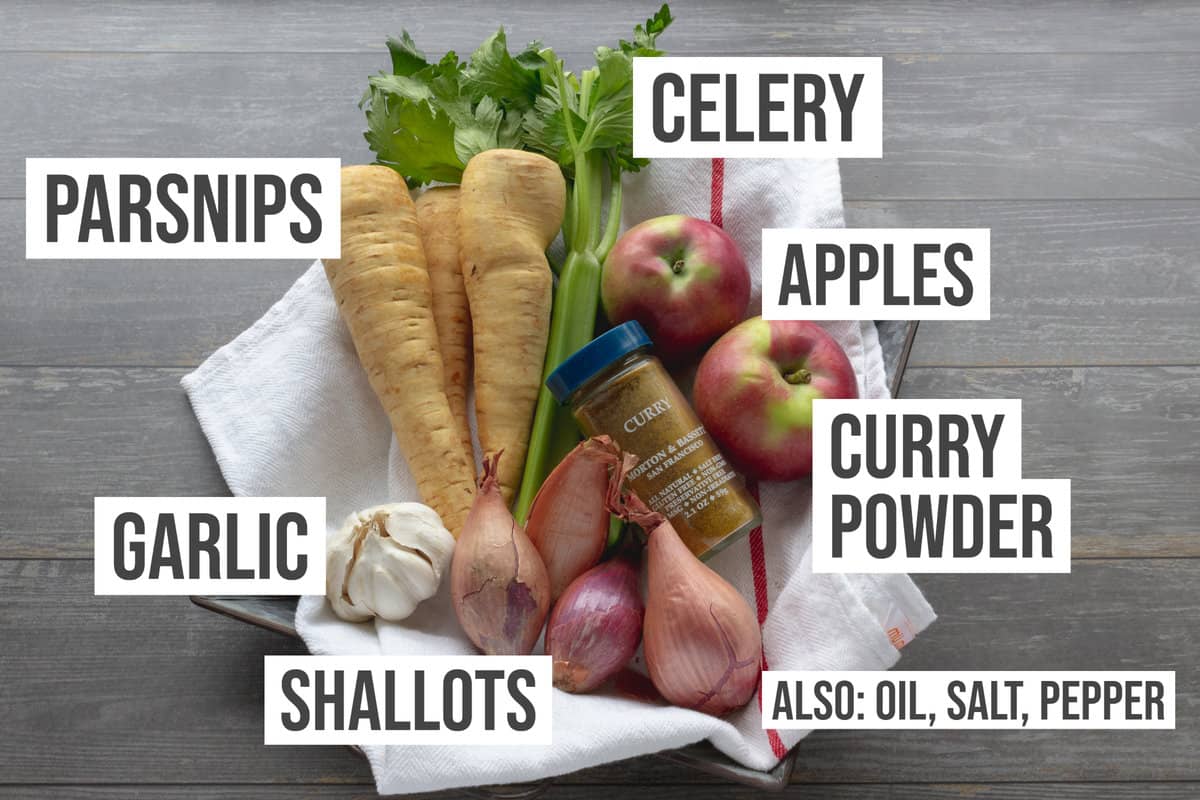 Ingredients: parsnips, curry powder. celery, apples, garlic, and shallots.