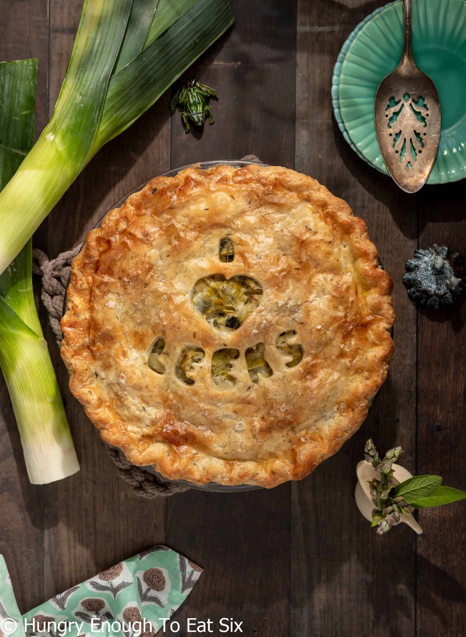 Baked leek potato pie with browned crust.