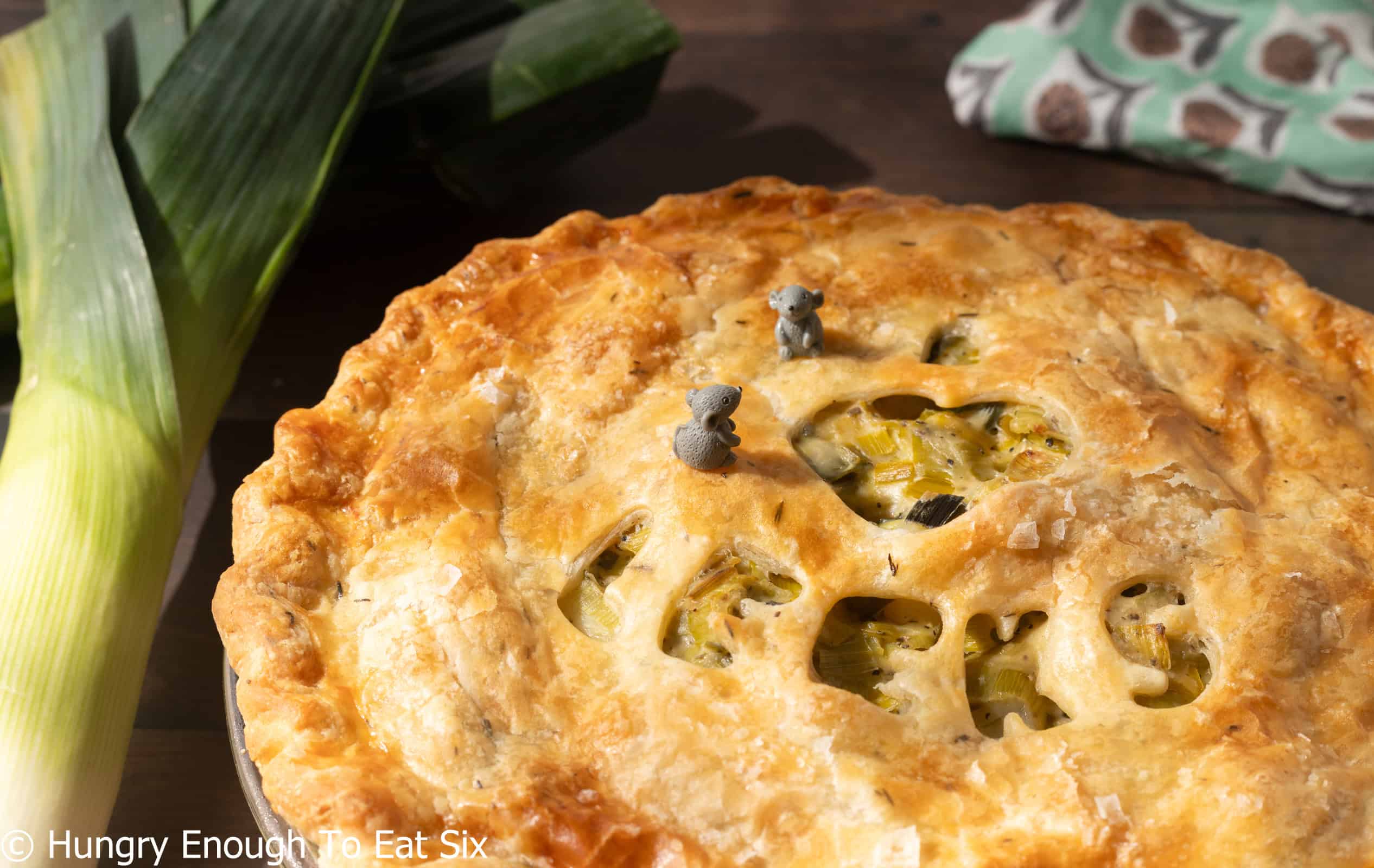 Top of a leek and potato baked pie with cutouts.